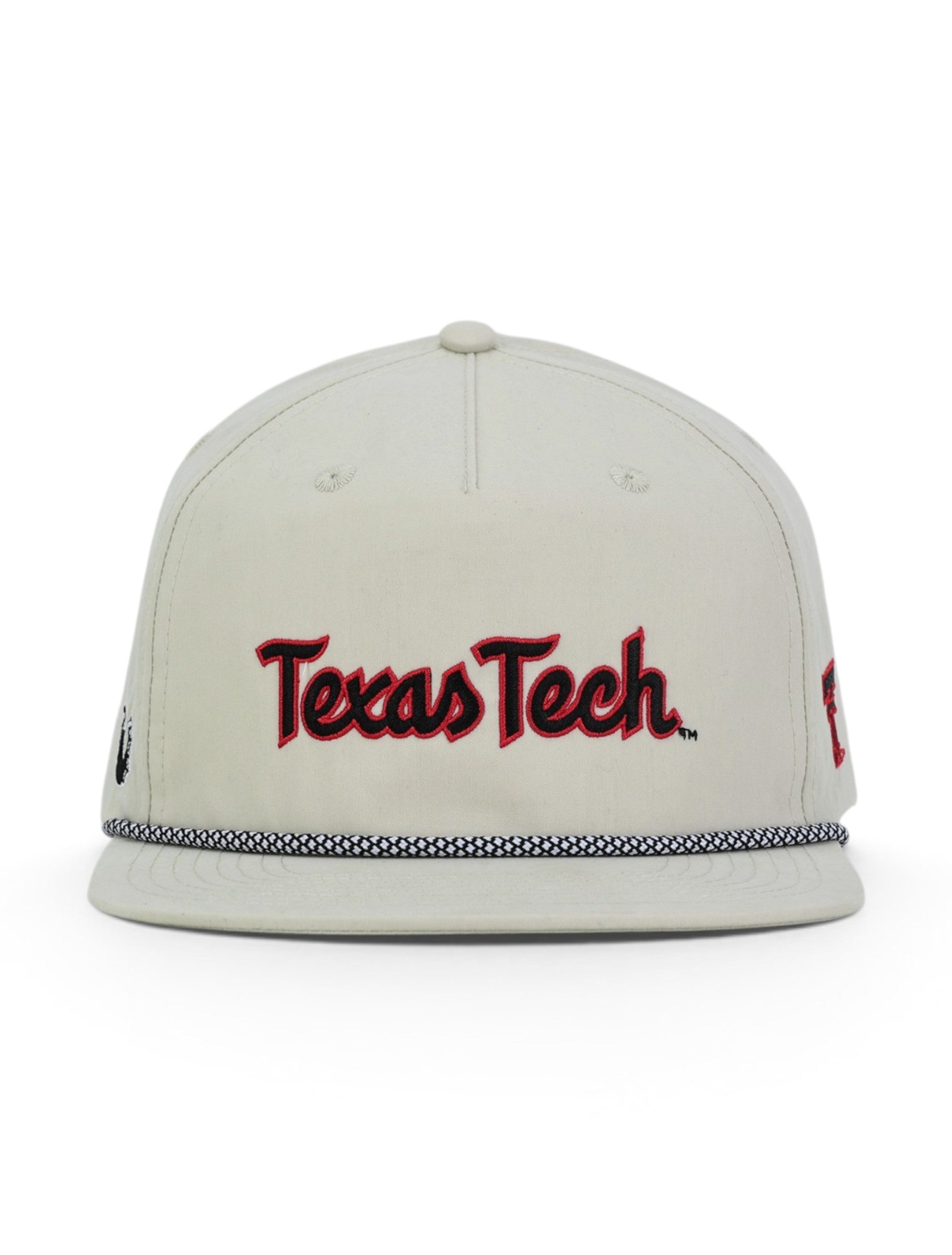 Front of the tan Texas Tech cotton twill cap showing the black and red script wordmark above a black and white rope