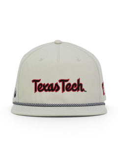 Front of the tan Texas Tech cotton twill cap showing the black and red script wordmark above a black and white rope