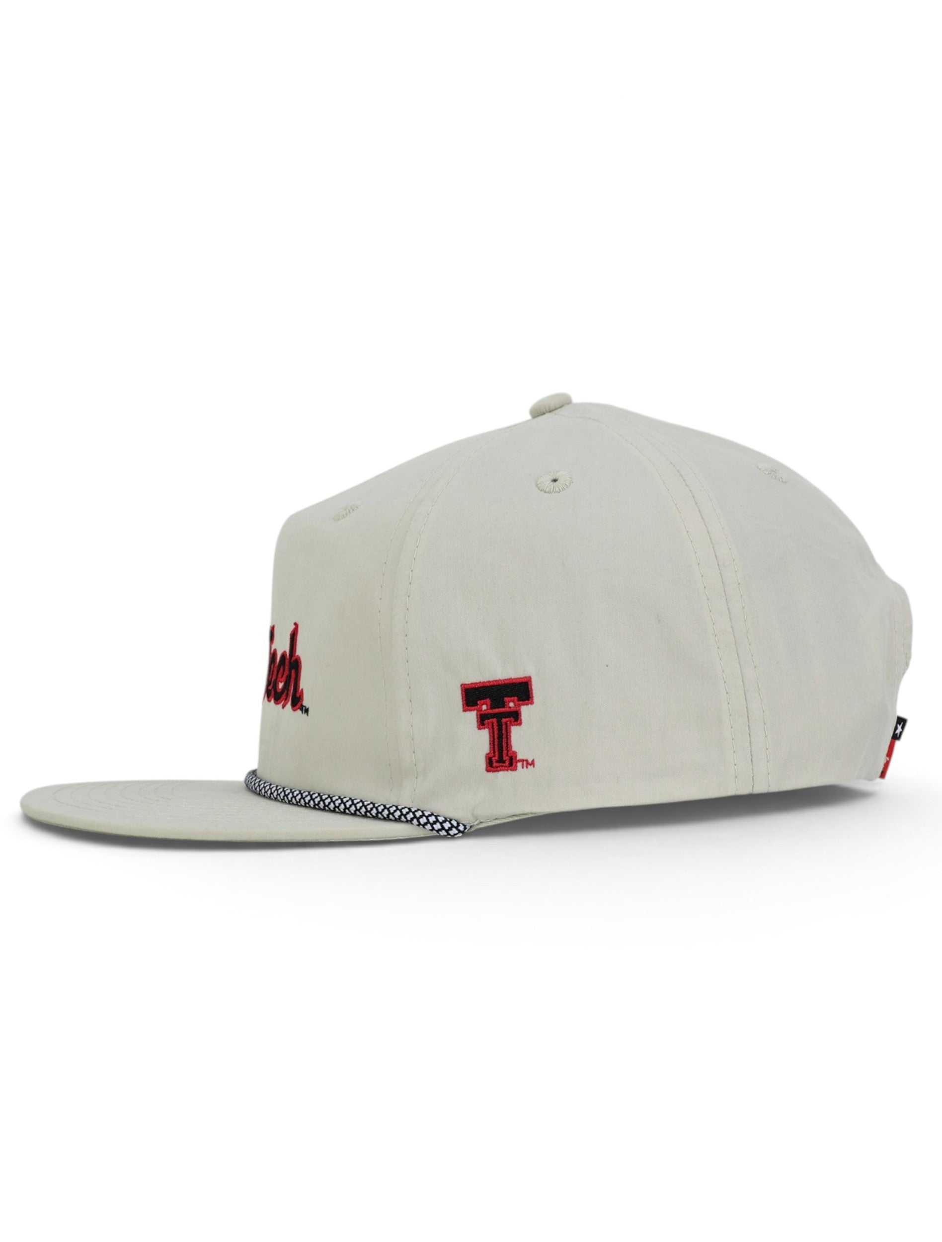 Side of the tan Texas Tech cap showing the embroidered Double T on the panel