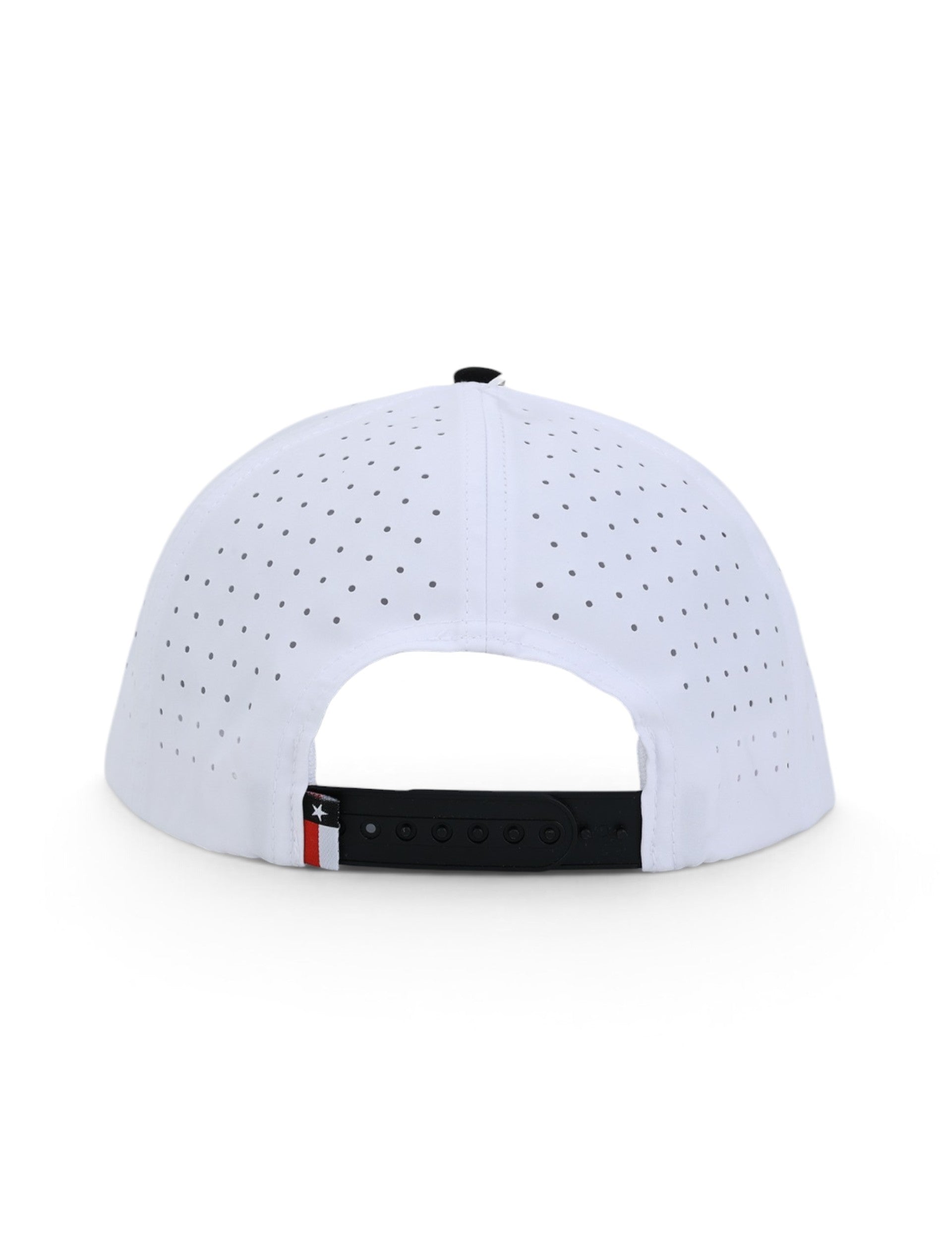 Back of the white Texas Tech cap showing the laser cut perforations, the black snapback strap and the Texas flag tab