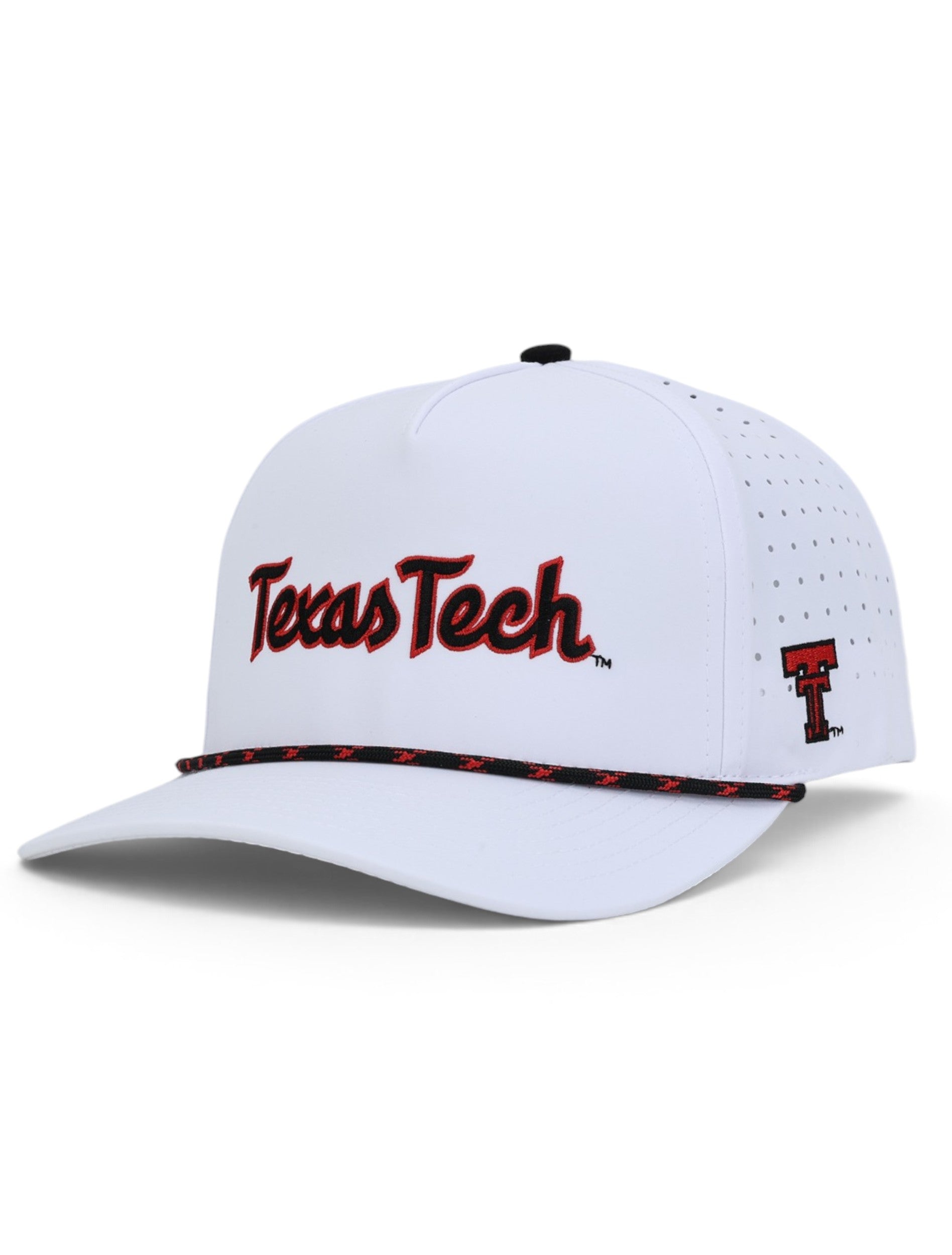 White Texas Tech rope cap at an angle, with Texas Tech across the front in black script with a red outline