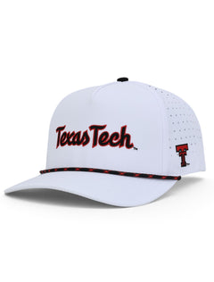 White Texas Tech rope cap at an angle, with Texas Tech across the front in black script with a red outline