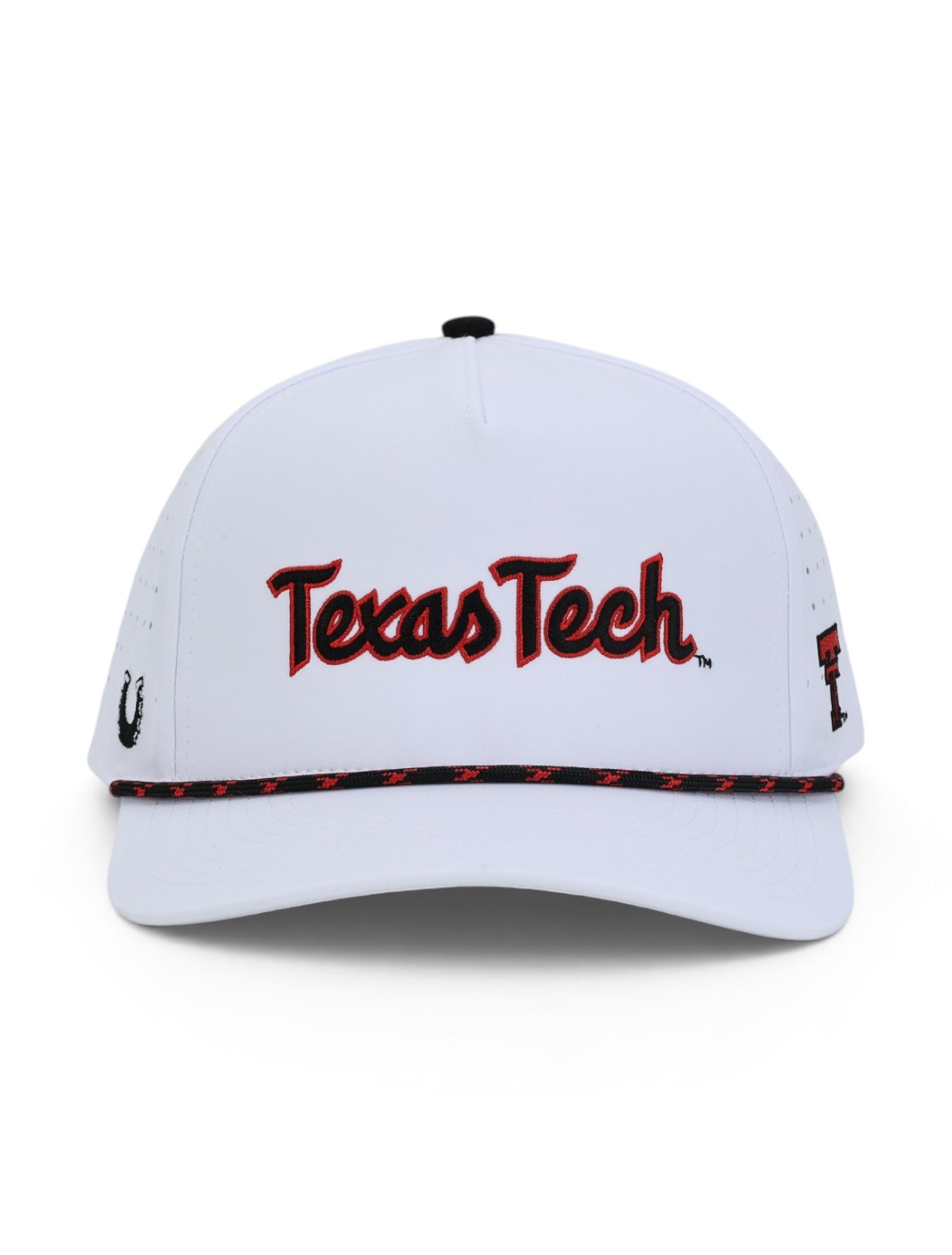 Front of the white Texas Tech cap showing the black and red script wordmark above a black and red rope