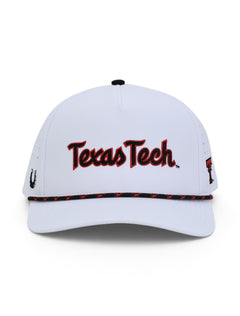 Front of the white Texas Tech cap showing the black and red script wordmark above a black and red rope