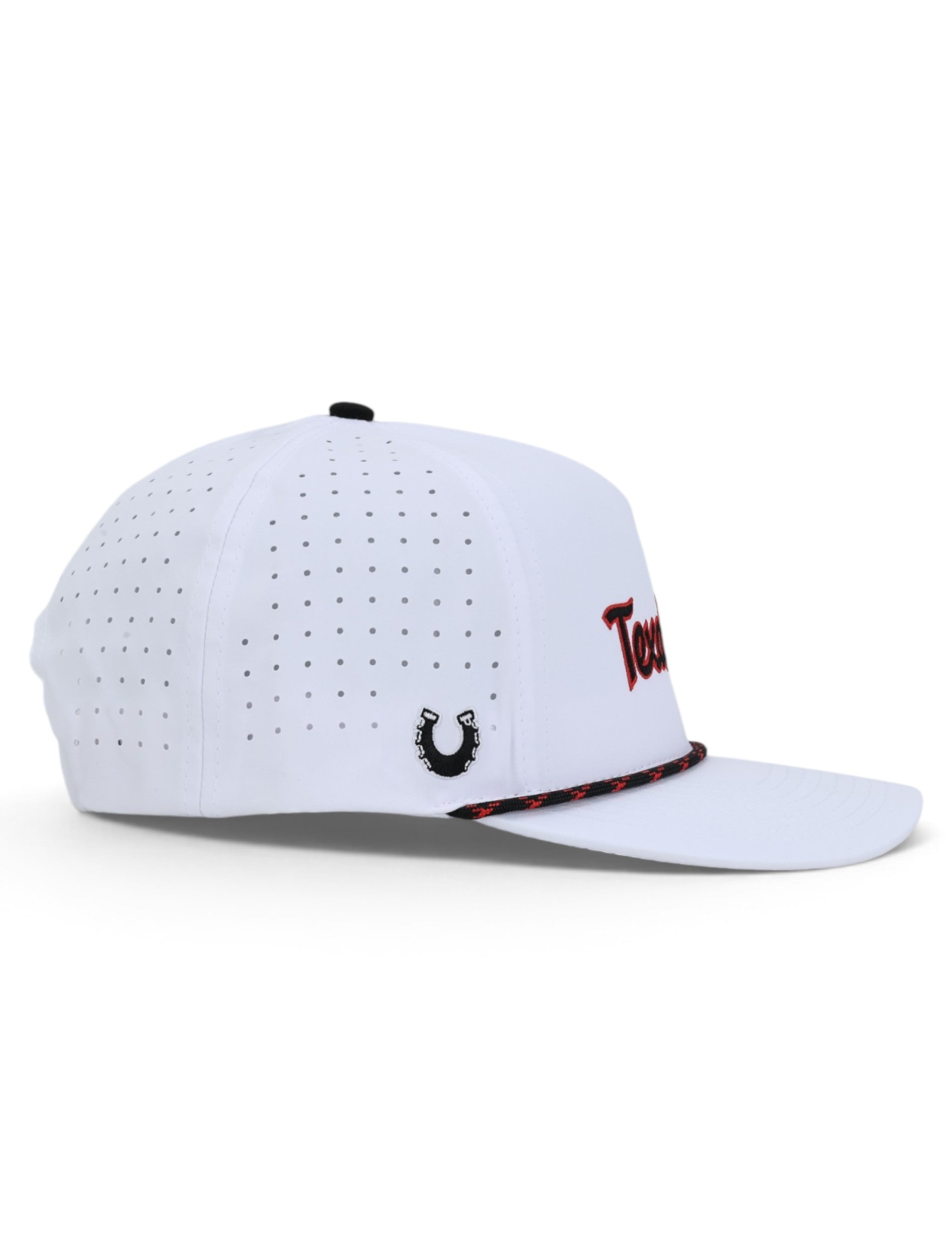 Opposite side of the white Texas Tech cap showing the Dark Horse horseshoe on the panel