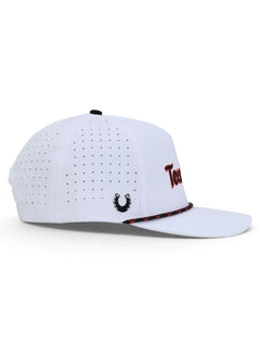 Opposite side of the white Texas Tech cap showing the Dark Horse horseshoe on the panel