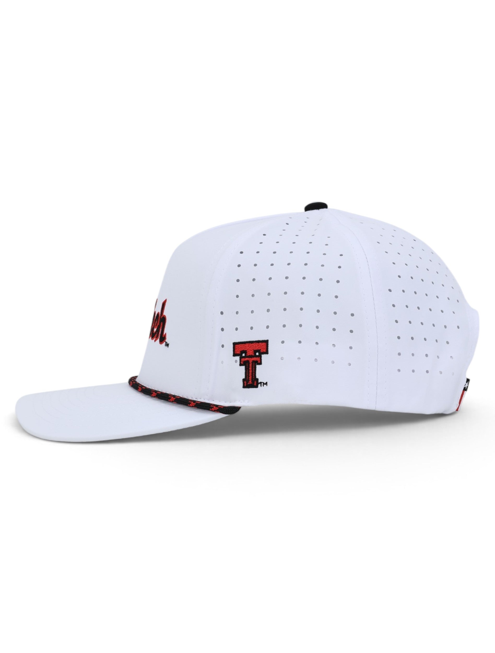 Side of the white Texas Tech cap showing the embroidered Double T on the panel