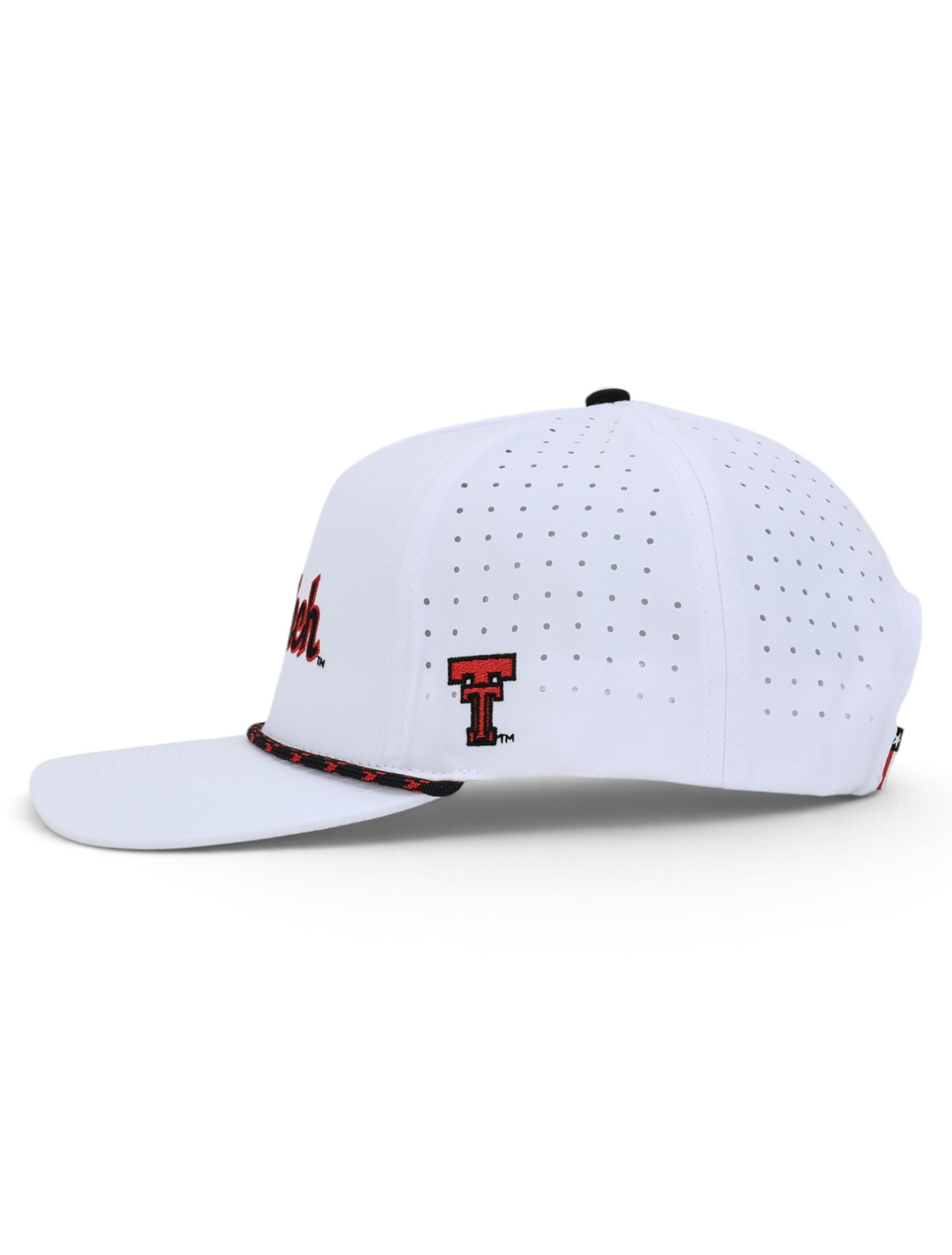 Side of the white Texas Tech cap showing the embroidered Double T on the panel