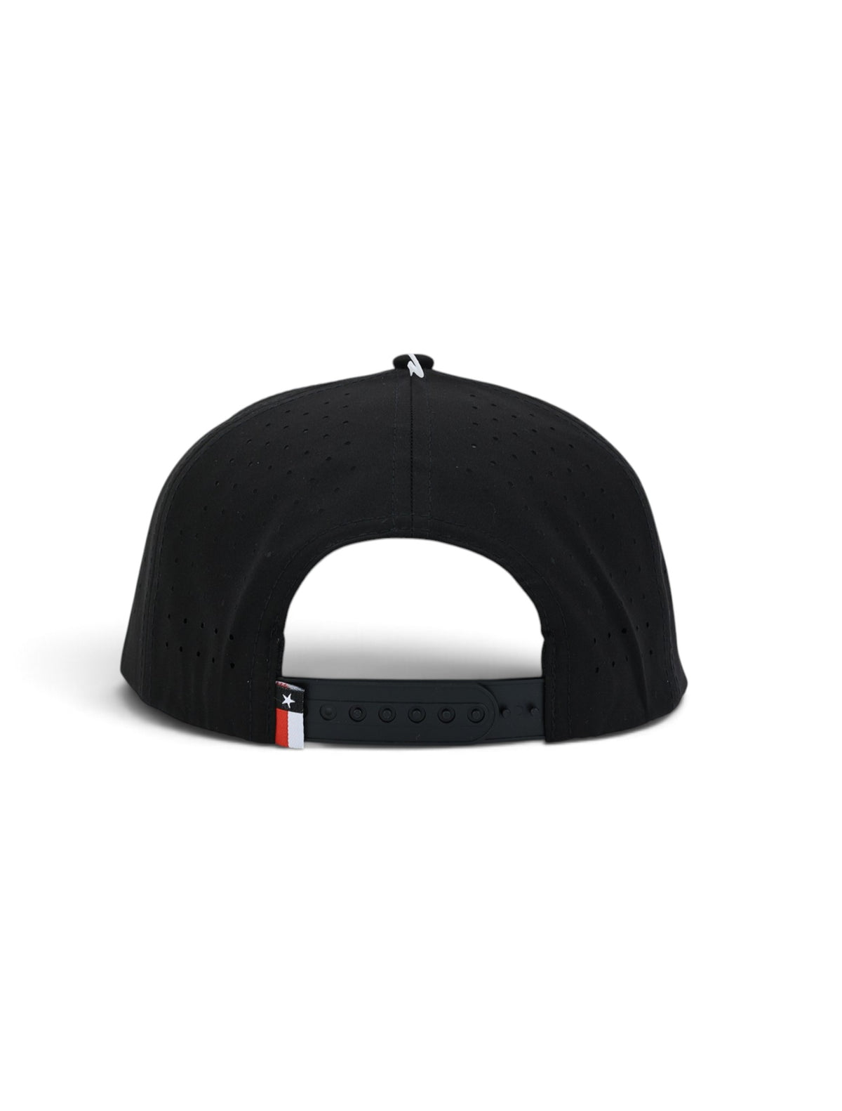 Back of the black youth Texas Tech cap showing the perforated panels, the black snapback strap and the Texas flag tab