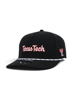 Black youth Texas Tech cap at an angle showing the Texas Tech script in white with a red outline above a white and black rope