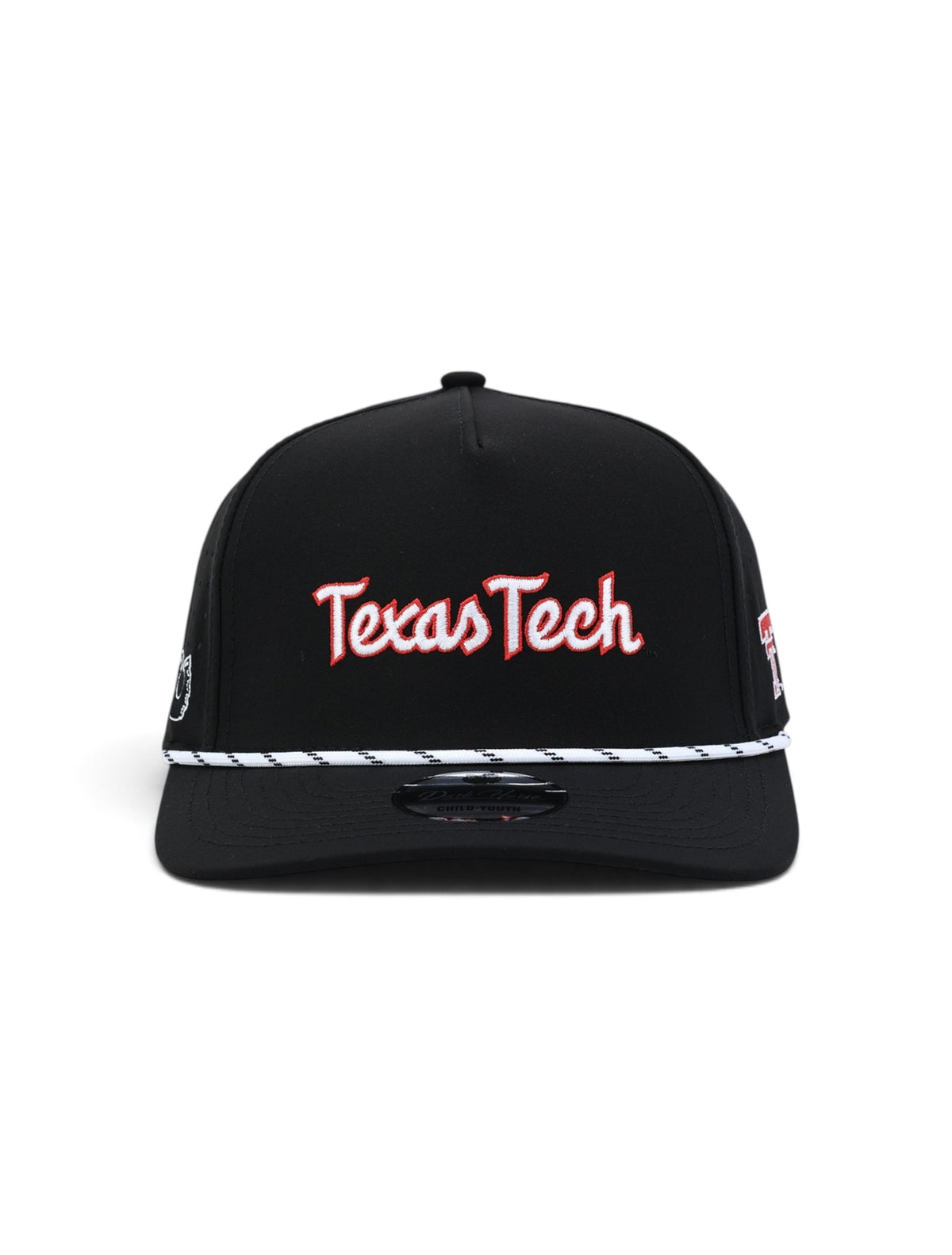 Front of the black youth Texas Tech cap showing Texas Tech in white script with a red outline above a white and black rope