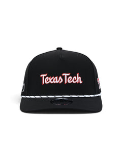 Front of the black youth Texas Tech cap showing Texas Tech in white script with a red outline above a white and black rope