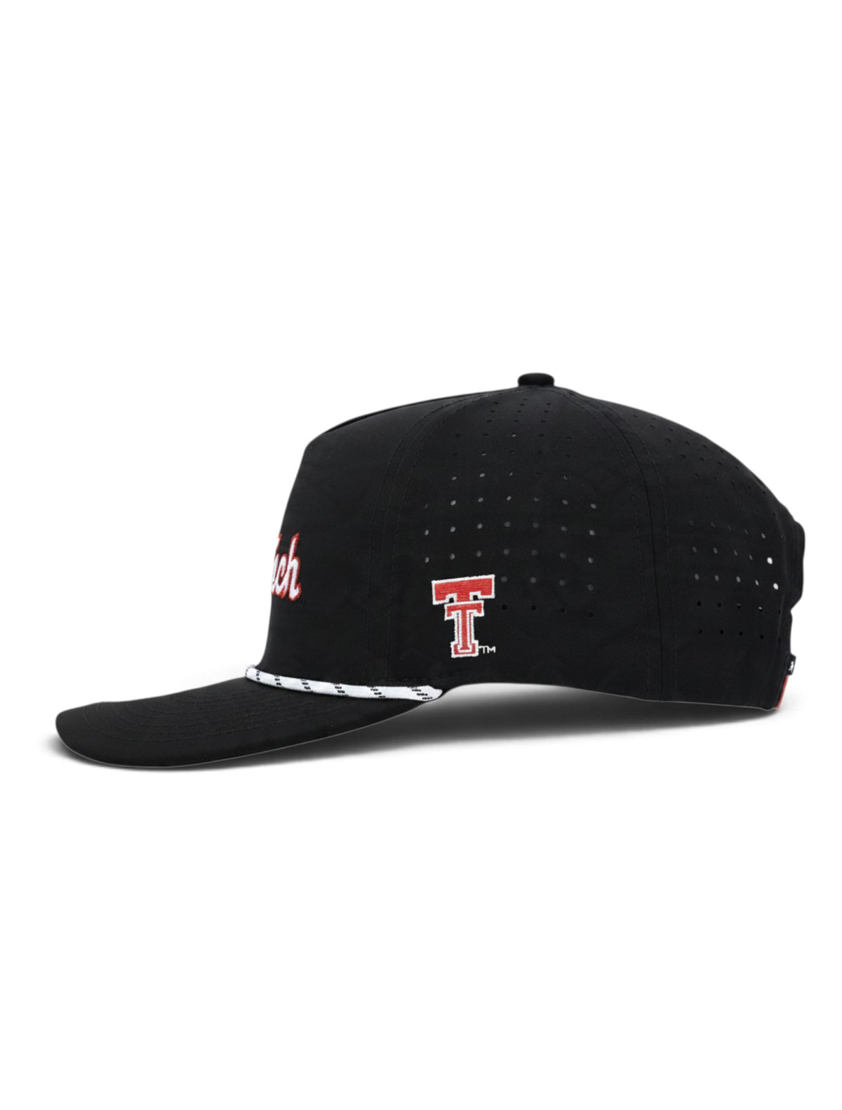Left side of the black youth Texas Tech cap showing the red Double T and the laser cut perforations