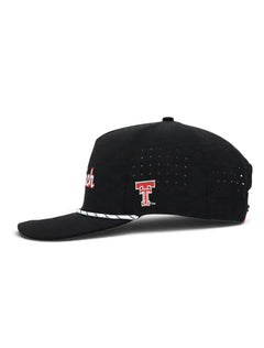 Left side of the black youth Texas Tech cap showing the red Double T and the laser cut perforations