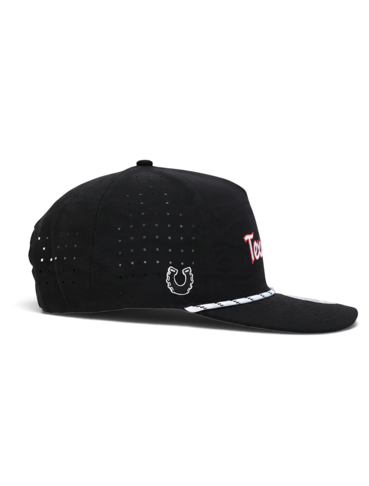 Right side of the black youth Texas Tech cap showing the Dark Horse horseshoe and the laser cut perforations