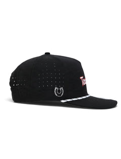 Right side of the black youth Texas Tech cap showing the Dark Horse horseshoe and the laser cut perforations