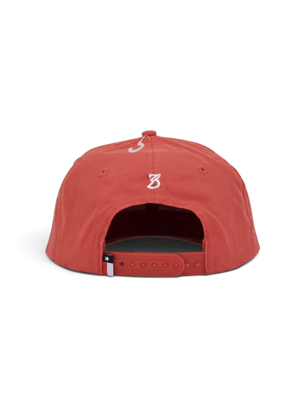 Back of the washed red youth Texas Tech cap showing the stitched eyelets, the red snapback strap and the Texas flag tab