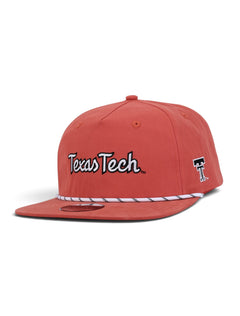 Washed red youth Texas Tech cap at an angle showing the Texas Tech script in white with a black outline above a white and black rope