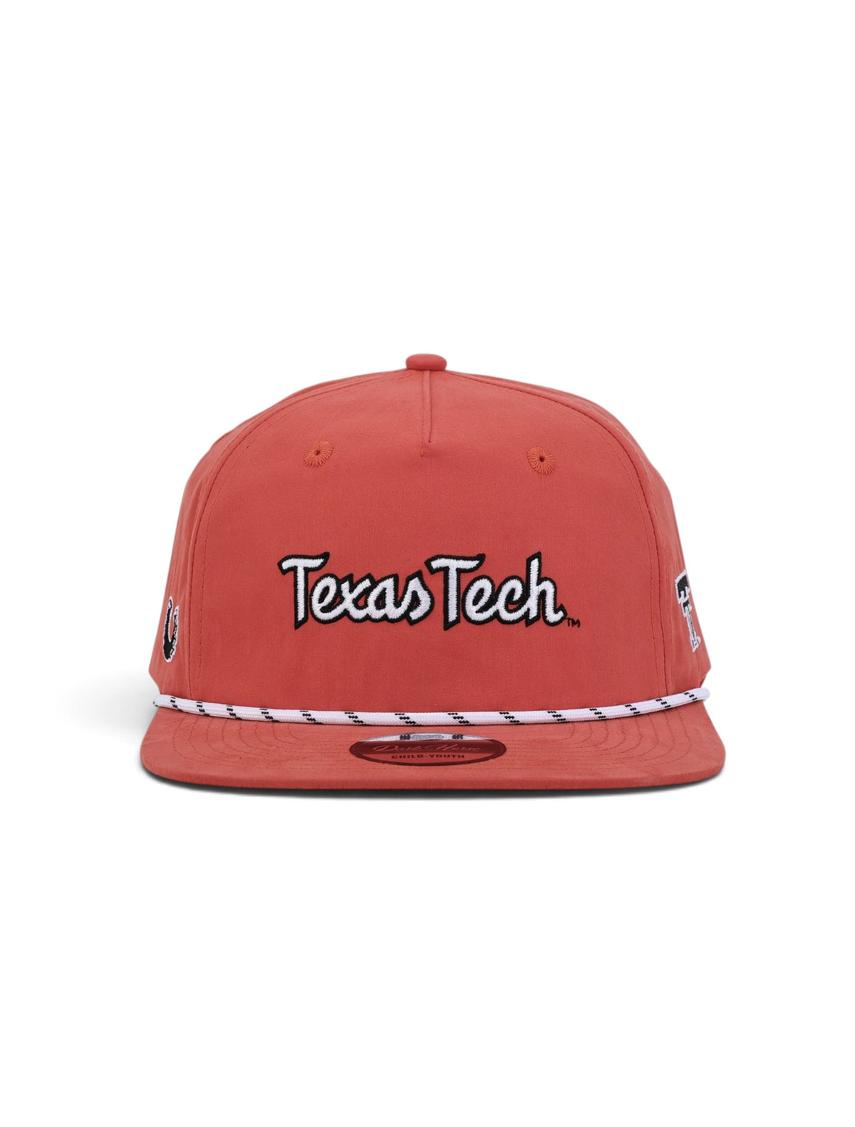 Front of the washed red youth Texas Tech cap showing Texas Tech in white script with a black outline above a white and black rope