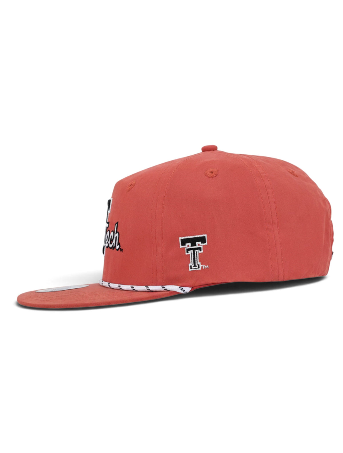 Left side of the washed red youth Texas Tech cap showing the Double T in black with a white outline