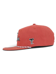 Left side of the washed red youth Texas Tech cap showing the Double T in black with a white outline