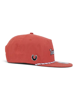 Right side of the washed red youth Texas Tech cap showing the Dark Horse horseshoe in black with a white outline