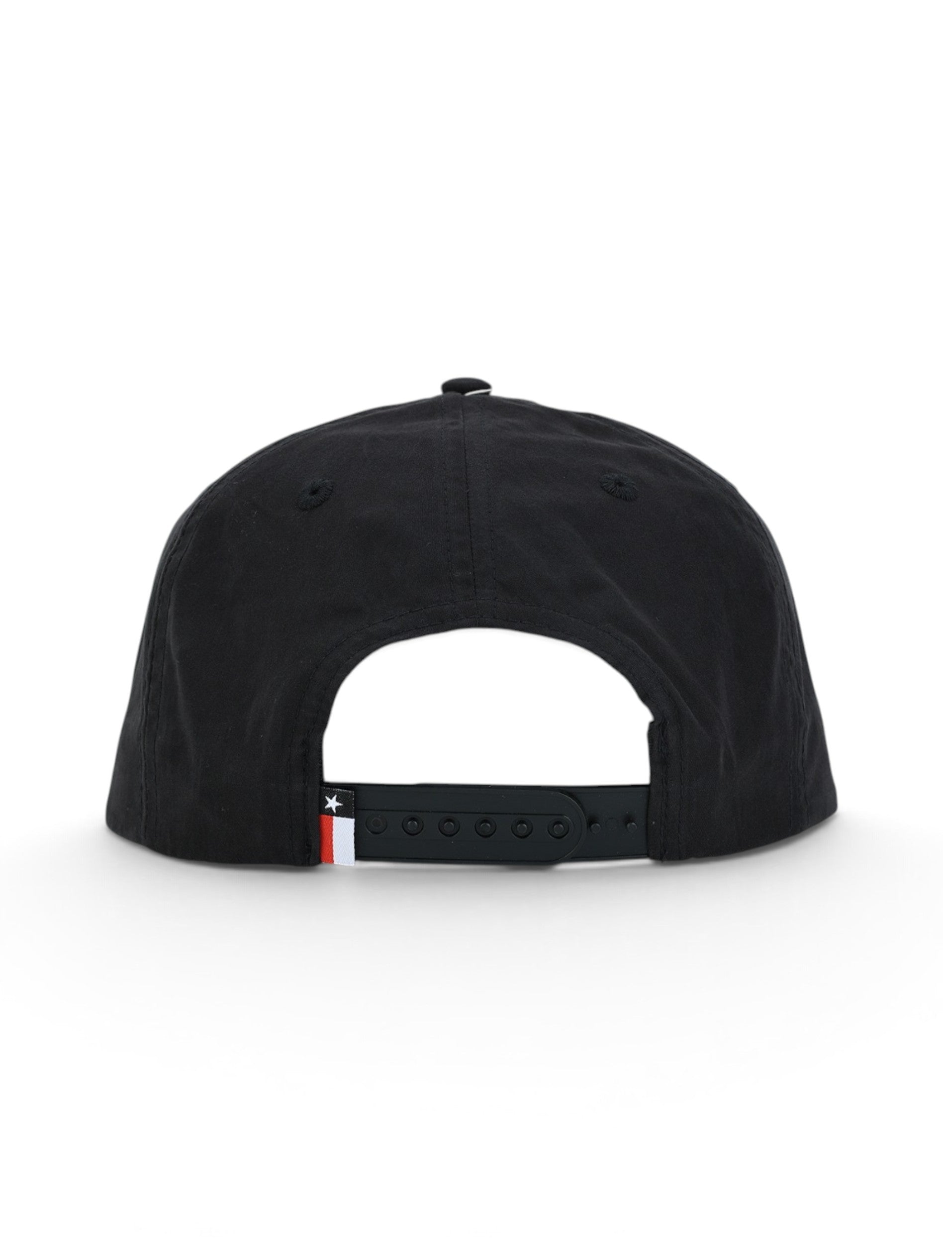 Back of the black Texas Tech cap showing the stitched eyelets, the snapback strap and the Texas flag tab