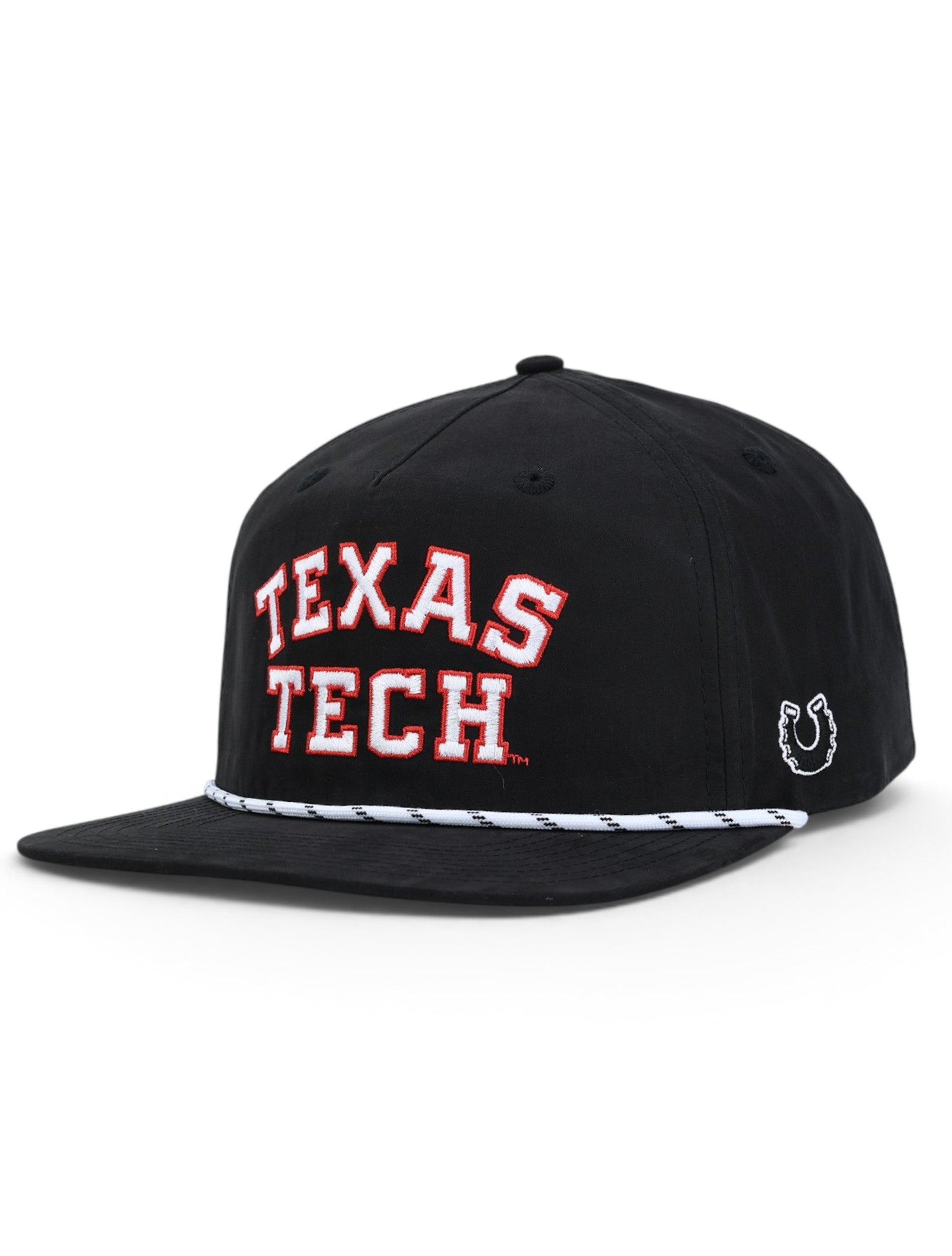 Black Texas Tech rope cap at an angle, with TEXAS TECH in stacked white block letters across the front