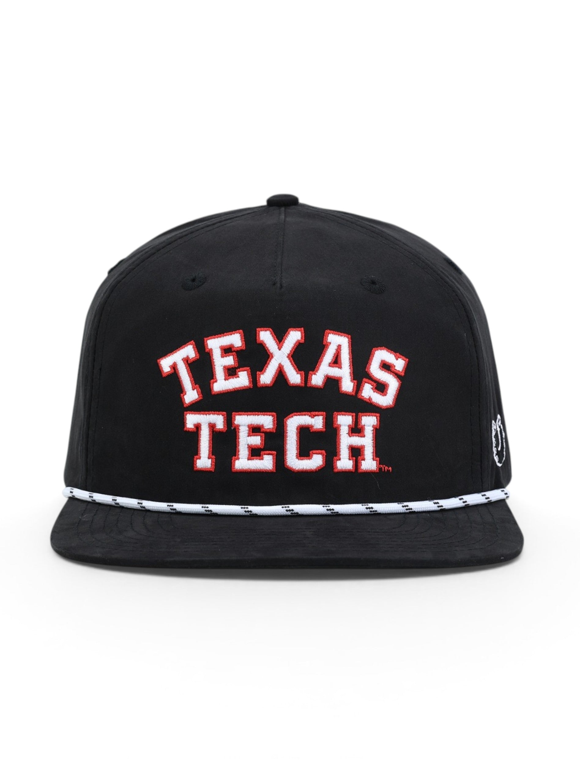 Front of the black Texas Tech cap showing TEXAS TECH in two arched rows of white block letters with a red outline