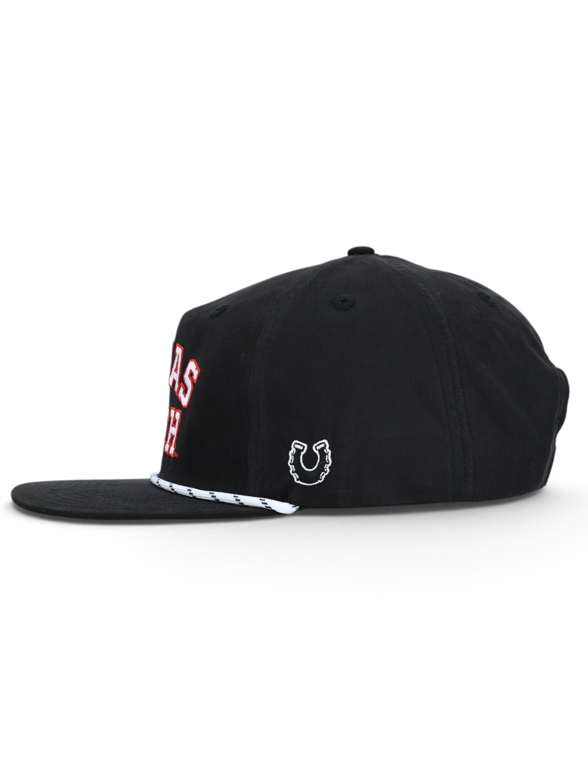 Side of the black Texas Tech cap showing the embroidered Dark Horse horseshoe on the panel