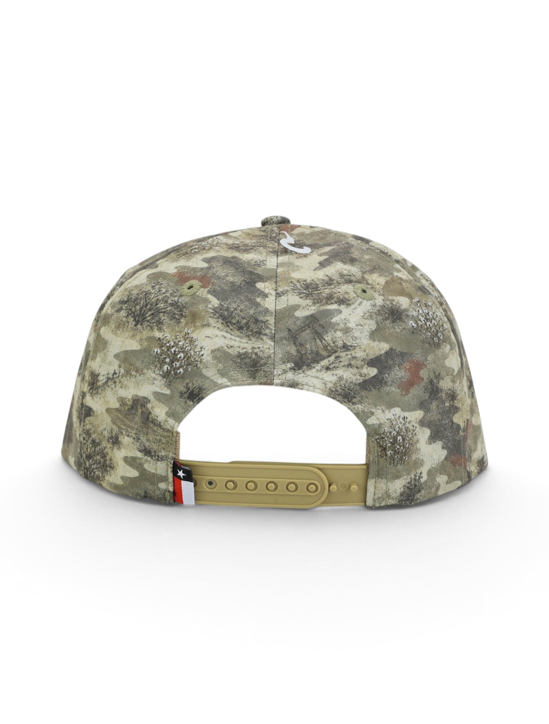 Back of the camo Texas Tech cap showing a pumpjack in the camo print, the snapback strap and the Texas flag tab