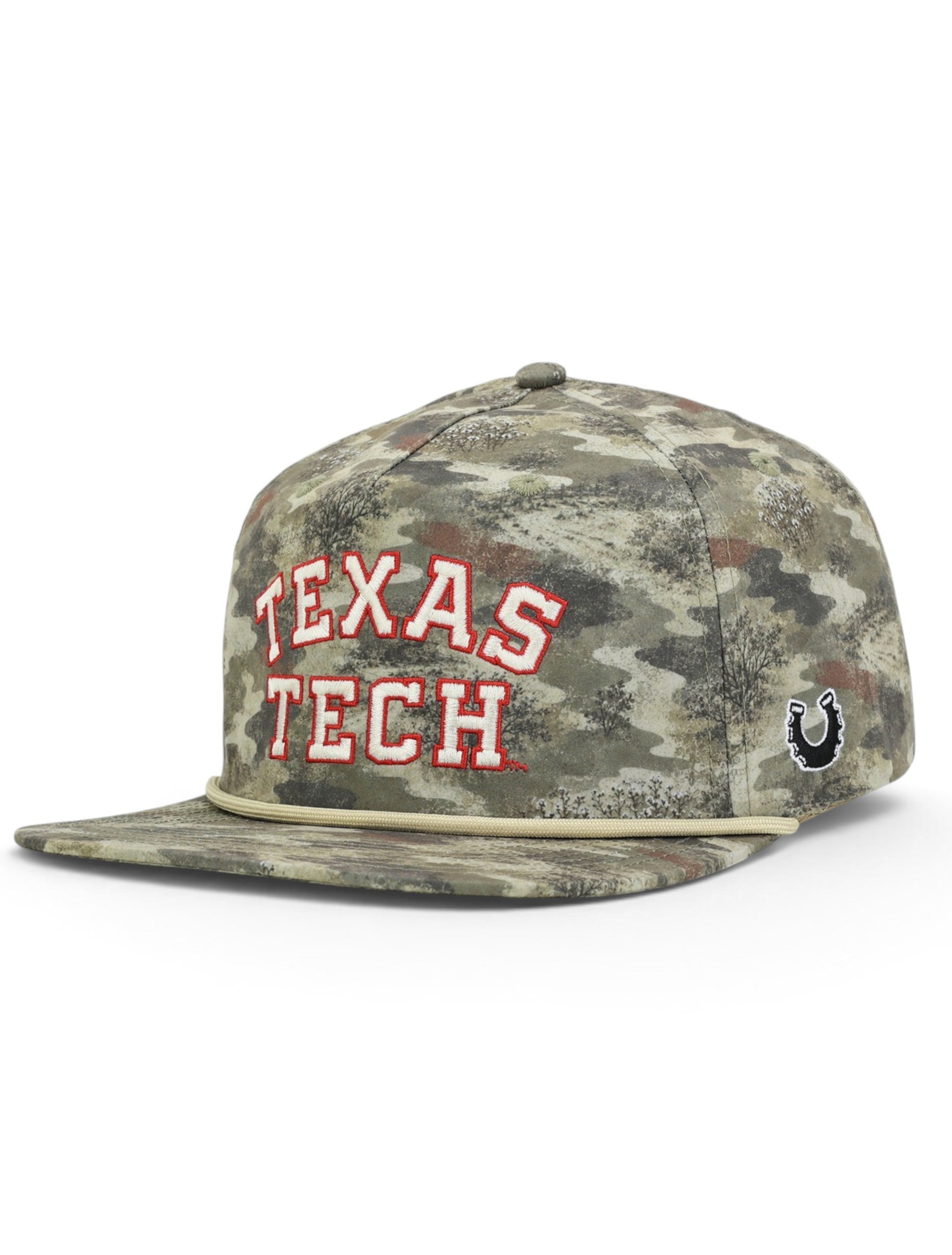 Camo Texas Tech rope cap at an angle, with TEXAS TECH in stacked cream block letters across the front
