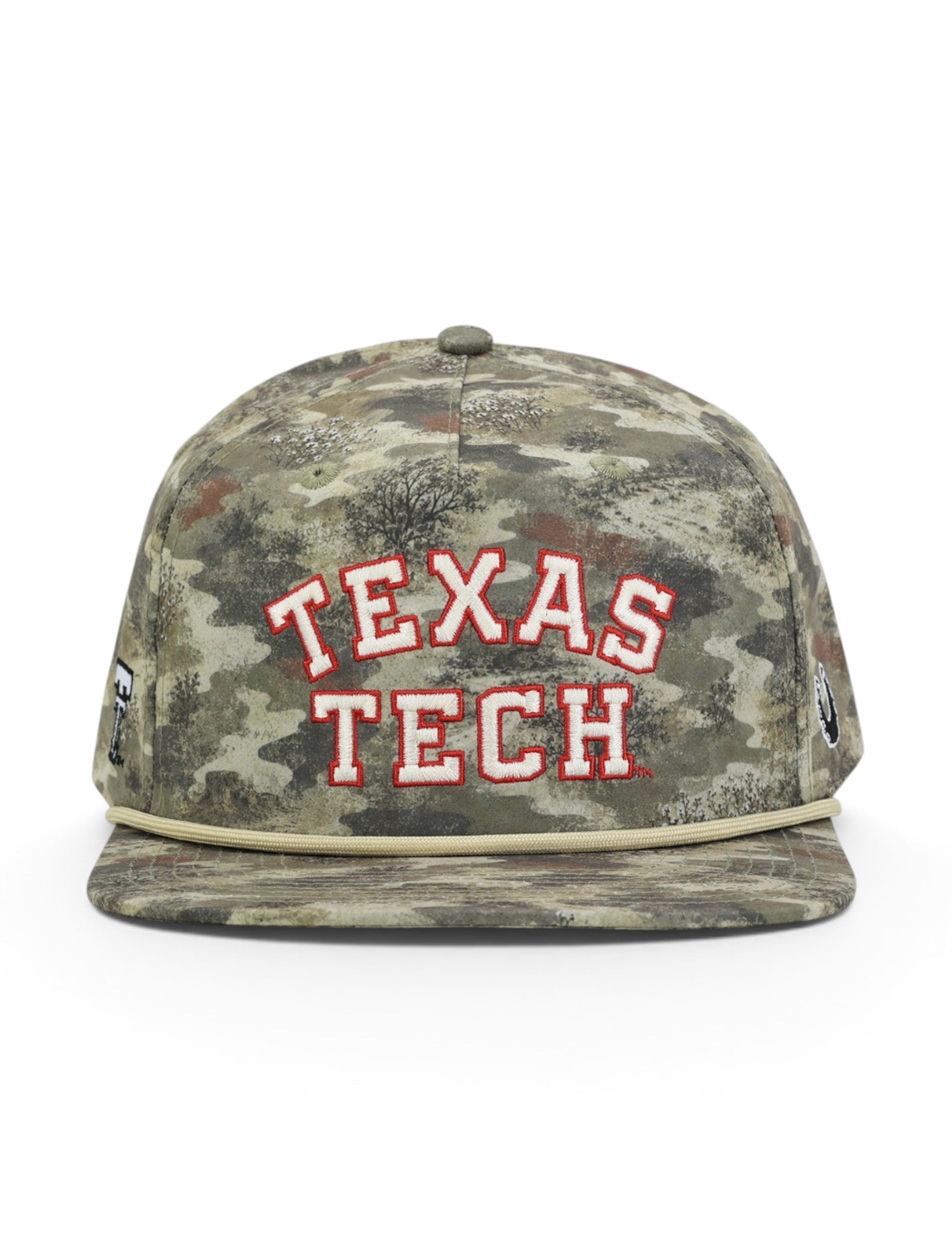 Front of the camo Texas Tech cap showing TEXAS TECH in two arched rows of cream block letters with a red outline above a tan rope
