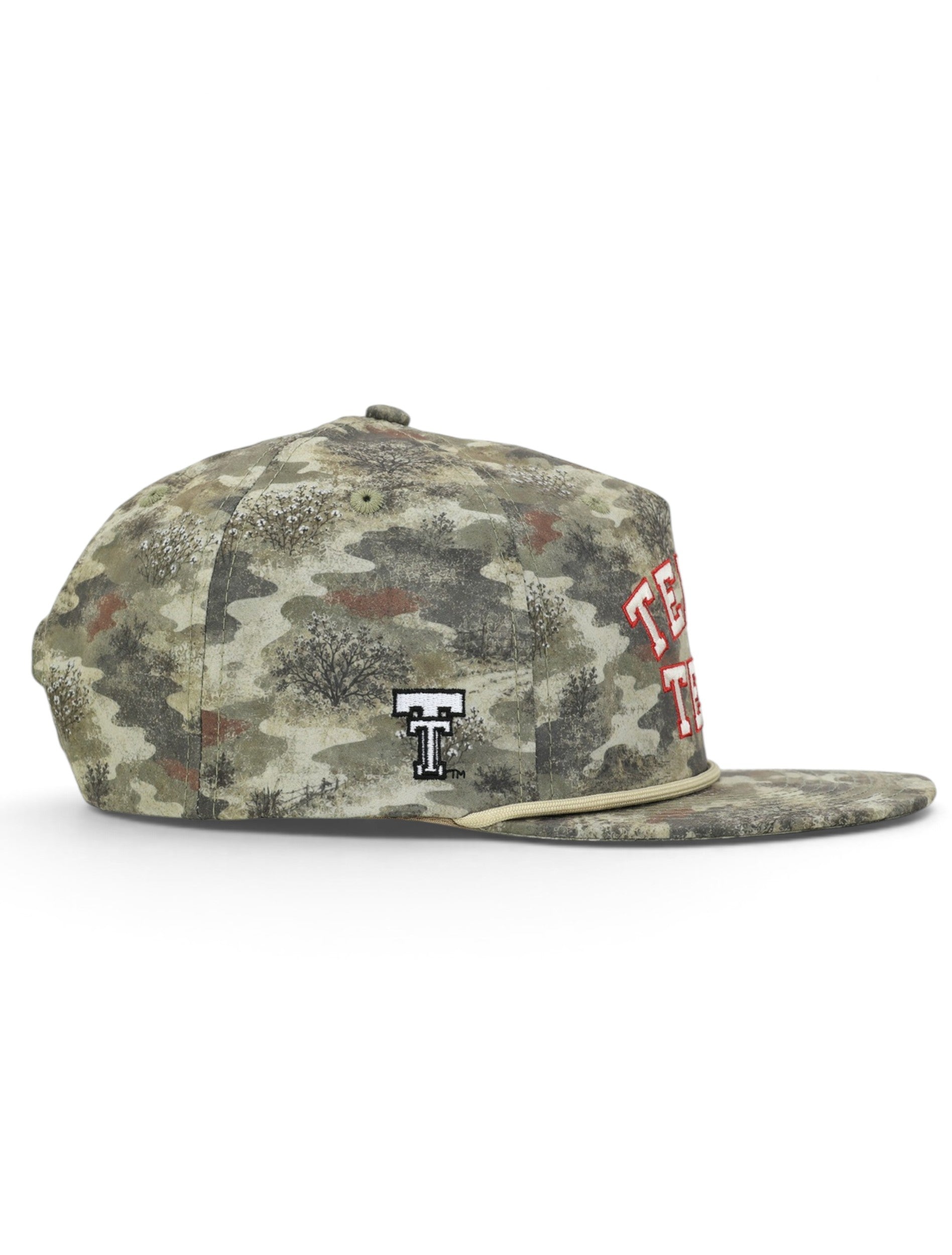 Side of the camo Texas Tech cap showing the embroidered Double T on the panel and the brush and cotton camo print
