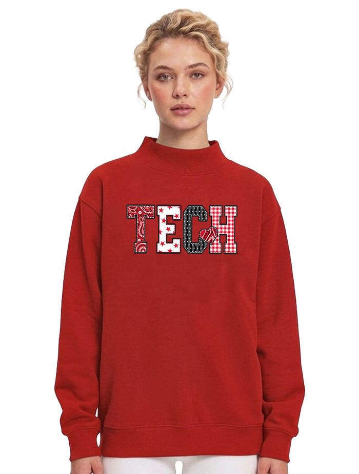 Model wearing the Dark Horse Texas Tech Tech Pattern red mock neck sweatshirt