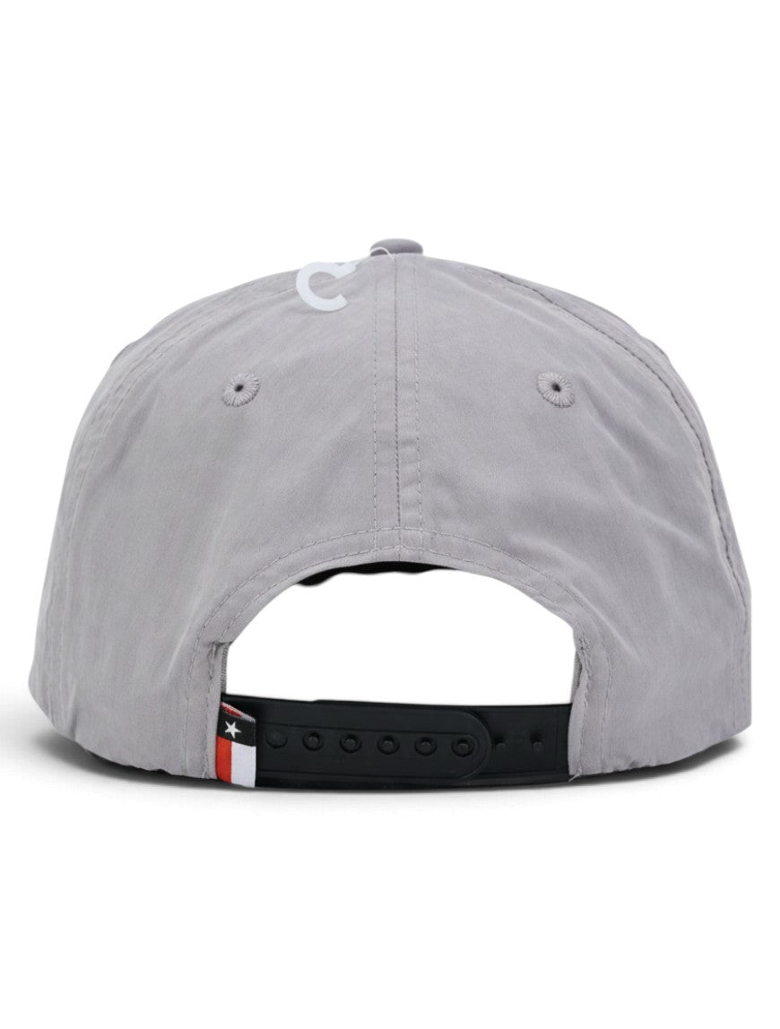Back view of the Texas Tech Guns Up grey vintage cap showing the adjustable snapback strap and the Texas flag tab