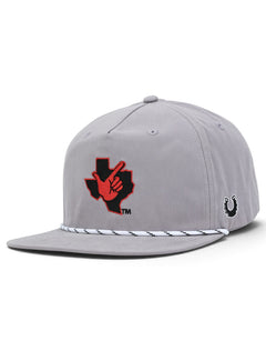 Texas Tech Guns Up grey vintage cap with the Guns Up hand inside a Texas state outline on the front