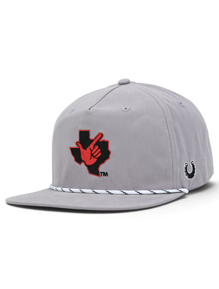 Texas Tech Guns Up grey vintage cap with the Guns Up hand inside a Texas state outline on the front