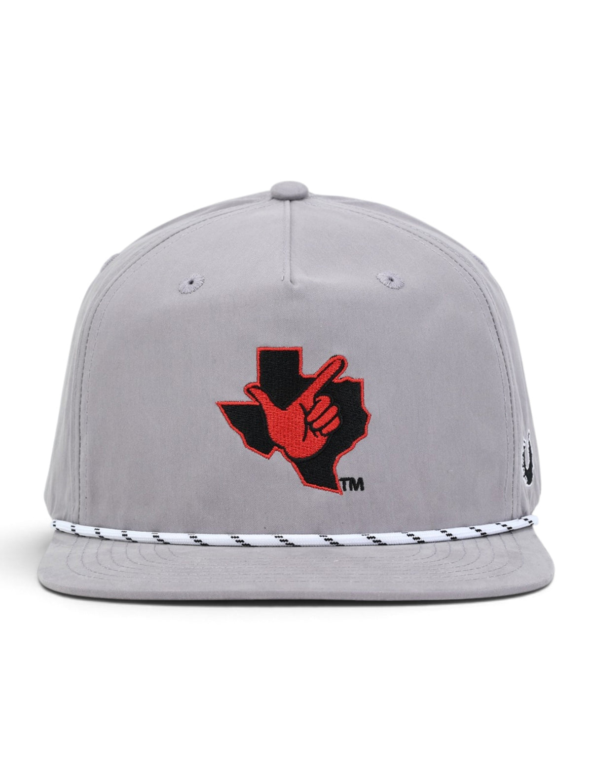 Front view of the Texas Tech Guns Up grey vintage cap showing the red Guns Up hand in a black Texas outline and the white and black rope above the flat brim