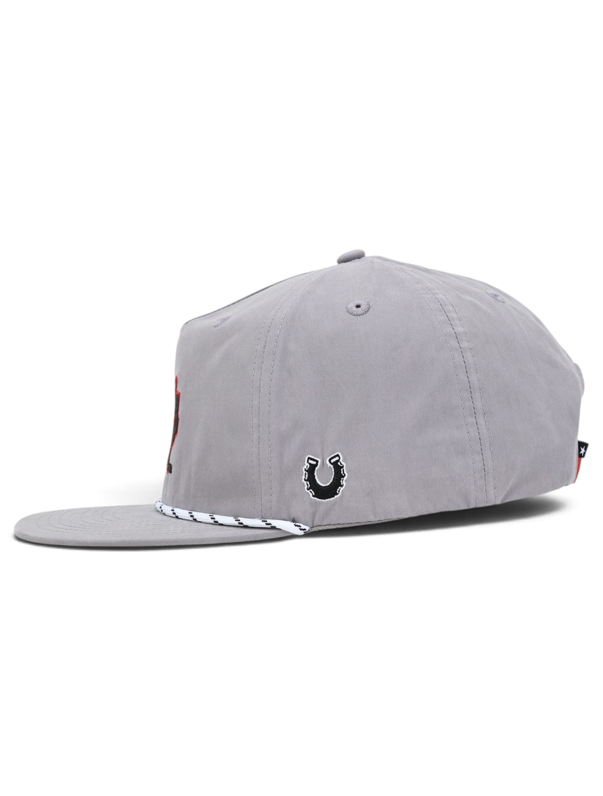 Side view of the Texas Tech Guns Up grey vintage cap showing the Dark Horse horseshoe embroidered on the side panel