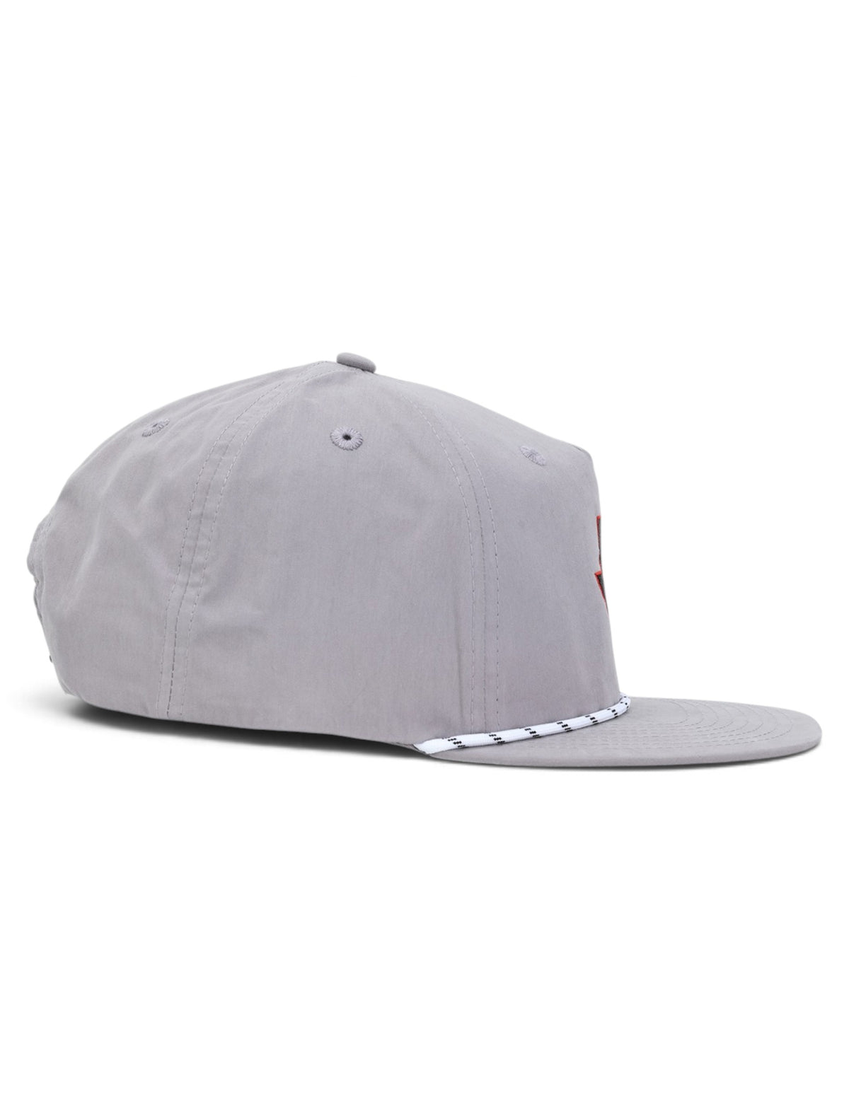 Side view of the Texas Tech Guns Up grey vintage cap showing the cotton twill crown, stitched eyelets and the rope above the flat brim