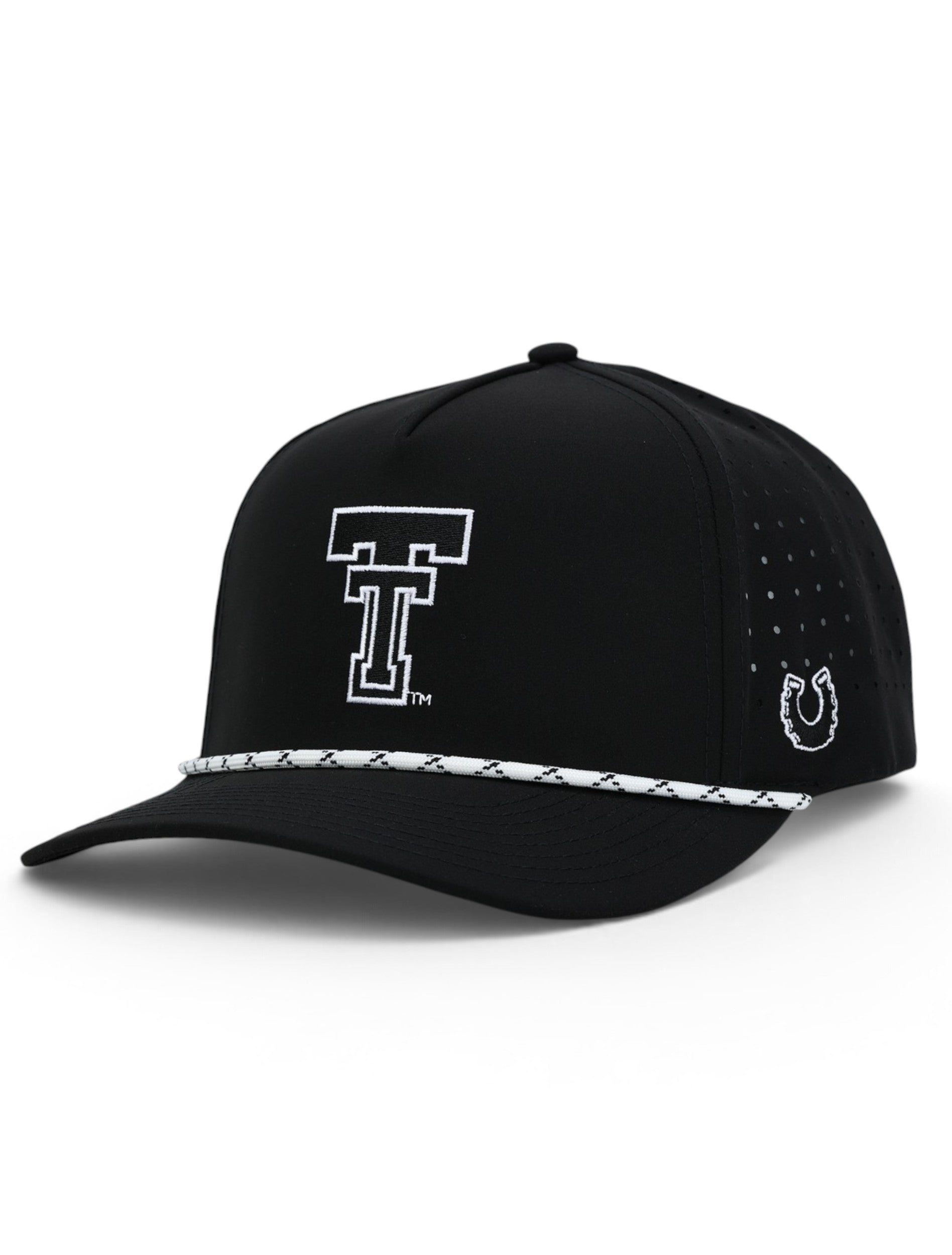 Black Texas Tech rope cap at an angle, with a tonal black Double T across the front