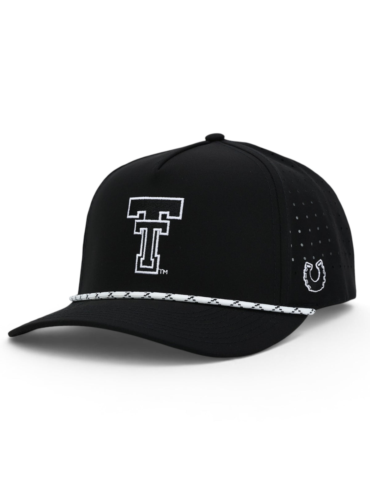 Black Texas Tech rope cap at an angle, with a tonal black Double T across the front