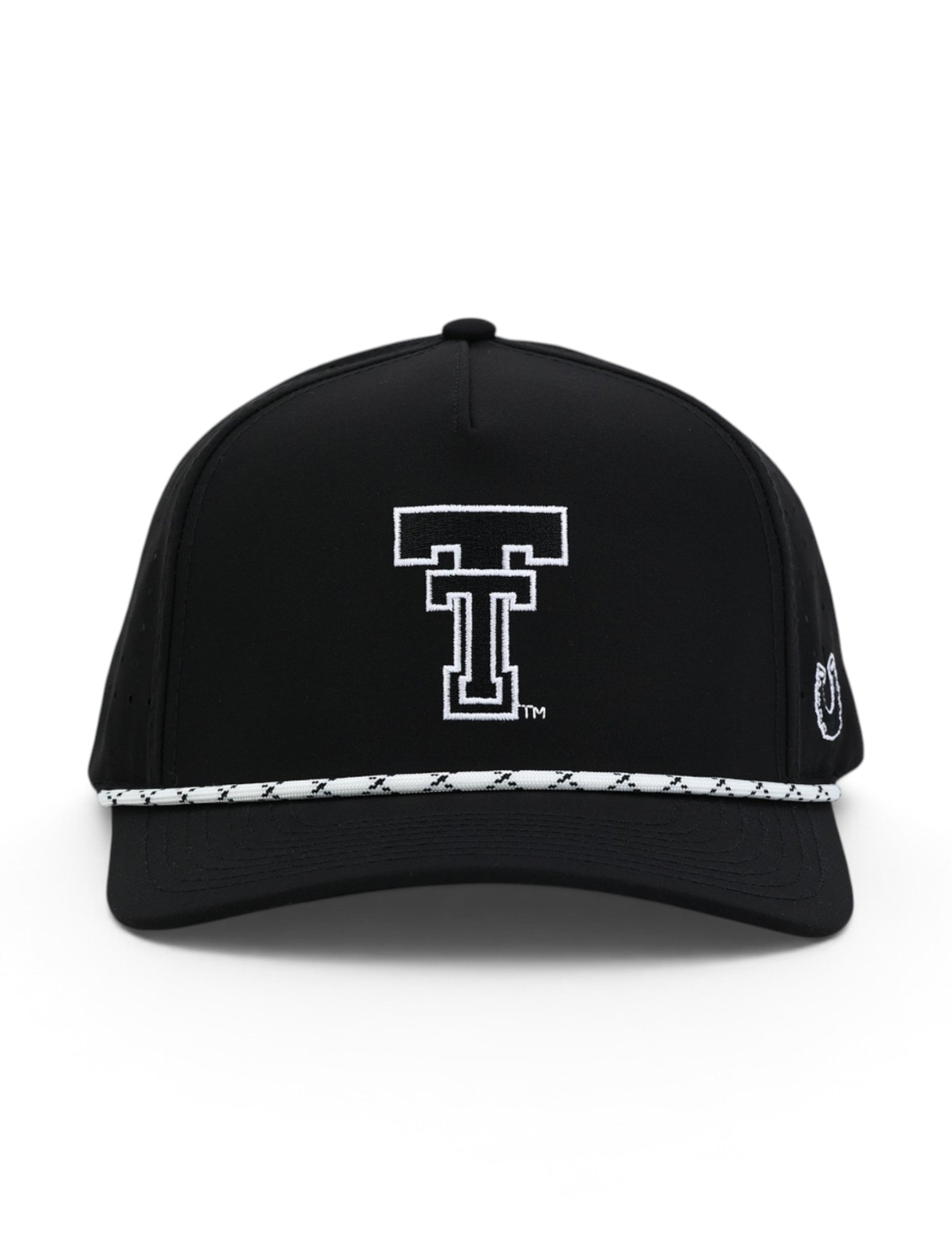 Front of the black Texas Tech cap showing the oversized Double T in black with a white outline above a white and black rope