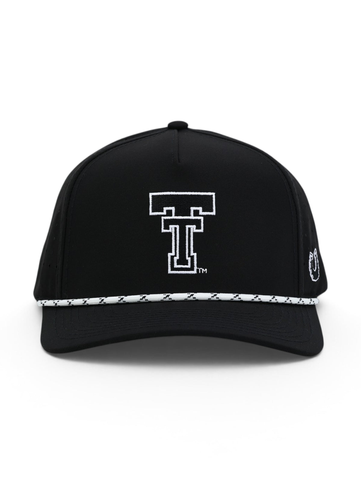Front of the black Texas Tech cap showing the oversized Double T in black with a white outline above a white and black rope