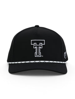 Front of the black Texas Tech cap showing the oversized Double T in black with a white outline above a white and black rope