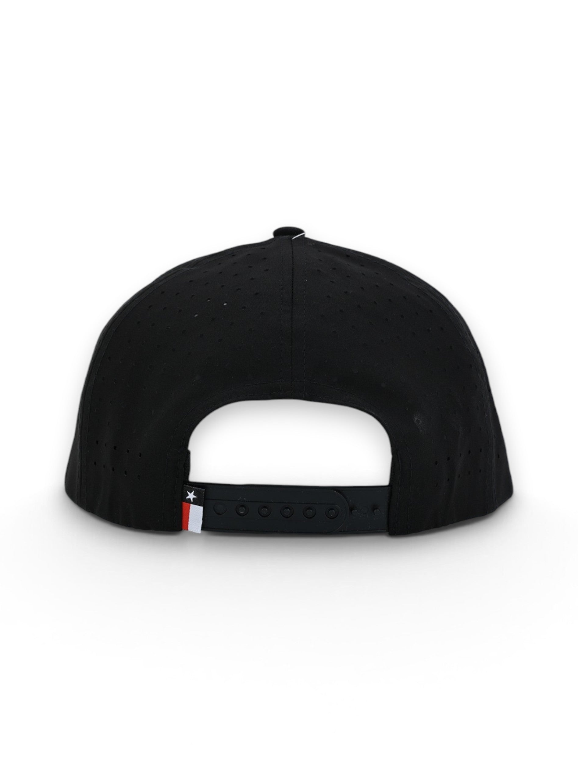 Back of the black Texas Tech cap showing the perforated panels, the snapback strap and the Texas flag tab