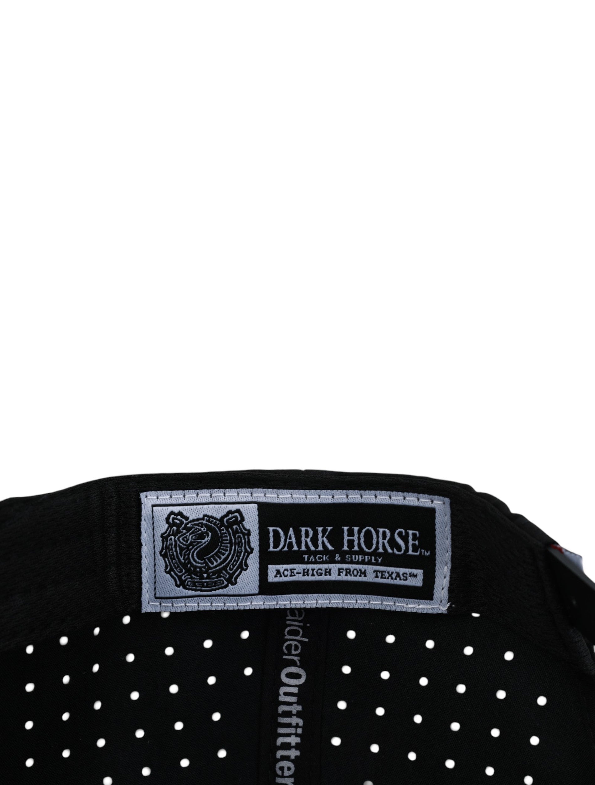 Inside the black Texas Tech cap showing the Dark Horse Tack and Supply label on the sweatband