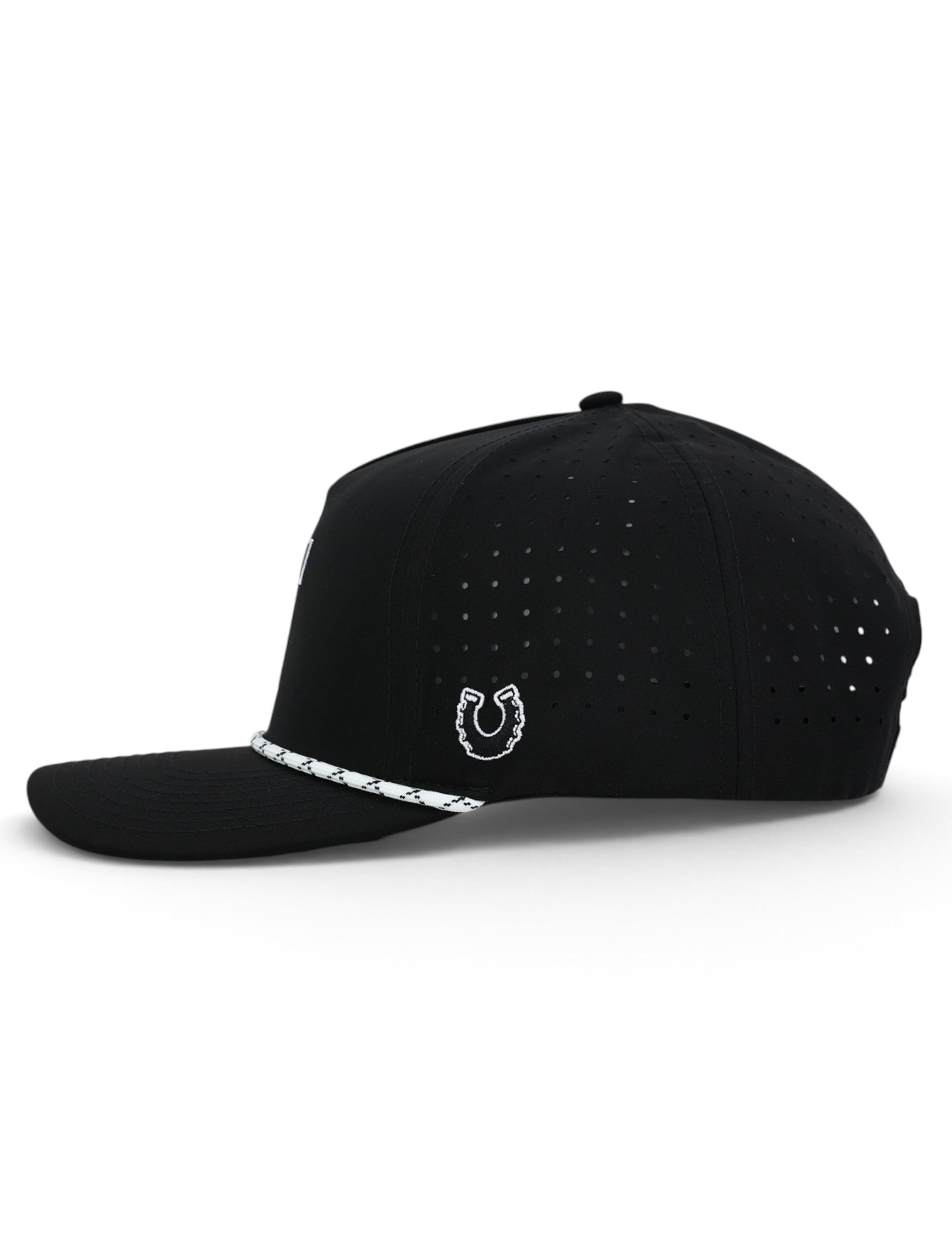 Side of the black Texas Tech cap showing the Dark Horse horseshoe and the laser cut perforations