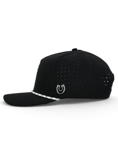 Side of the black Texas Tech cap showing the Dark Horse horseshoe and the laser cut perforations